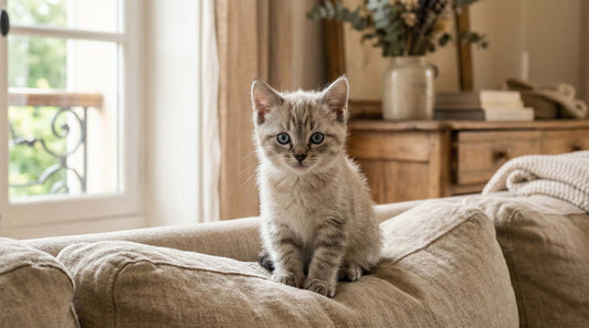 Chaton aux yeux bleus assis sur un canapé en lin naturel, lumière douce de fenêtre, ambiance maison française cosy — choisir prénom chat 2026
