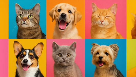 Collage vibrant et accrocheur de photos de chats et de chiens adorables de différentes races et poses, arrangées de manière créative et ludique. L'image est riche en couleurs vives et en clichés de haute qualité