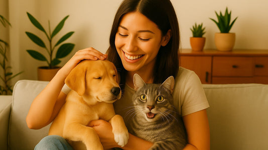 Une femme souriante caresse un chiot et un chaton nouvellement adoptés