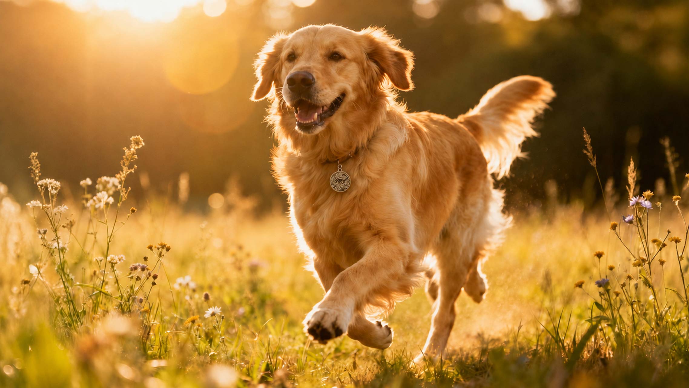 Golden Retriever courant dans une prairie fleurie avec une médaille au collier — Medaléa