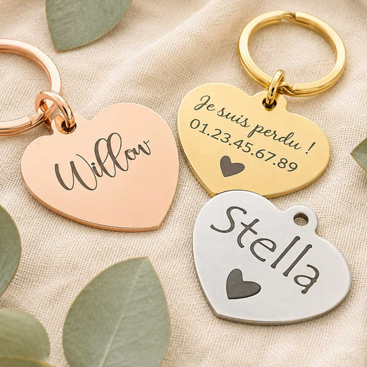Médaille cœur gravée au laser pour chat en acier inoxydable, personnalisée avec prénom et coordonnées, fabriquée en France par Medaléa